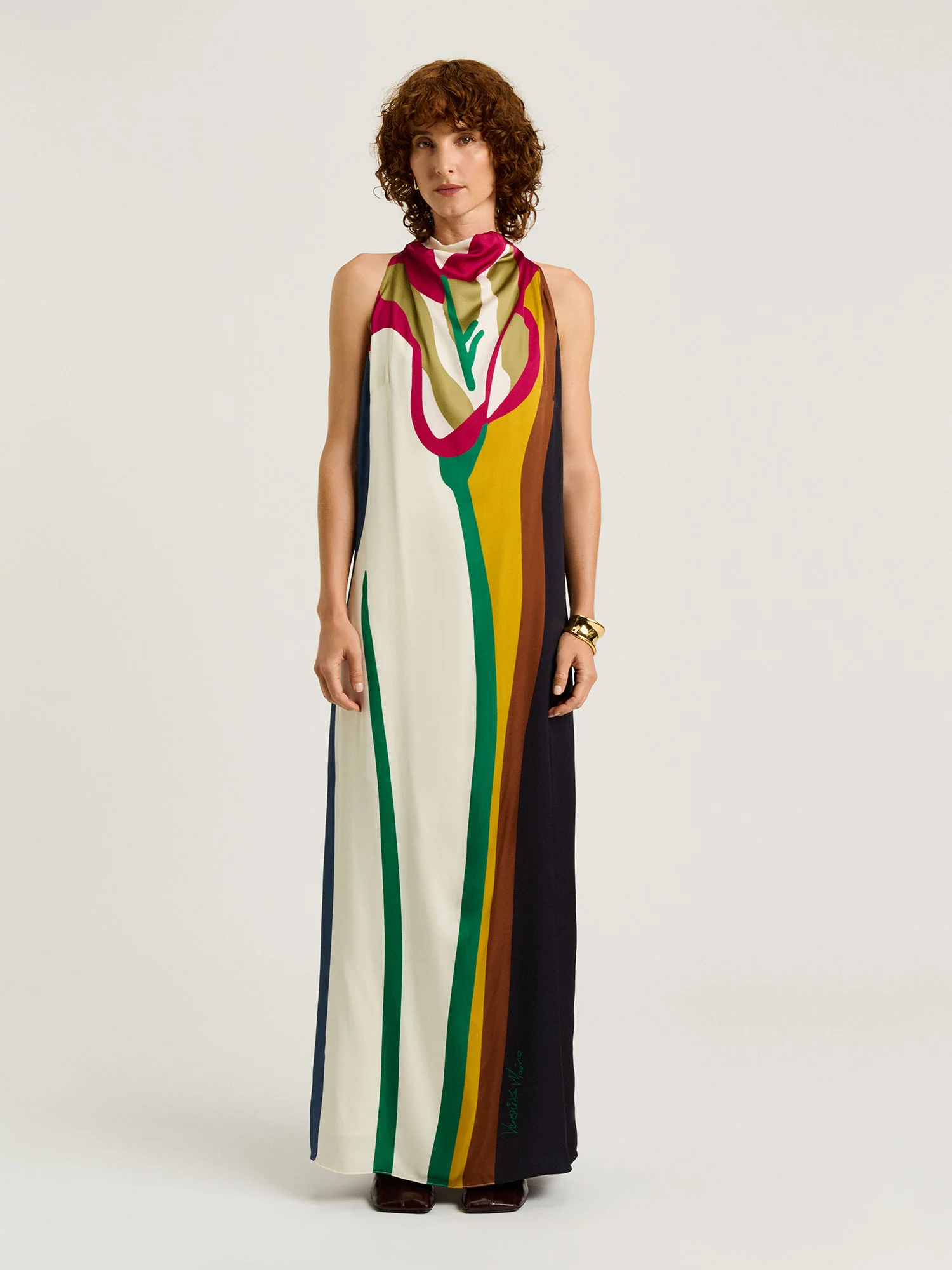 BLOWN UP FLORAL SATIN COLUMN MAXI DRESS