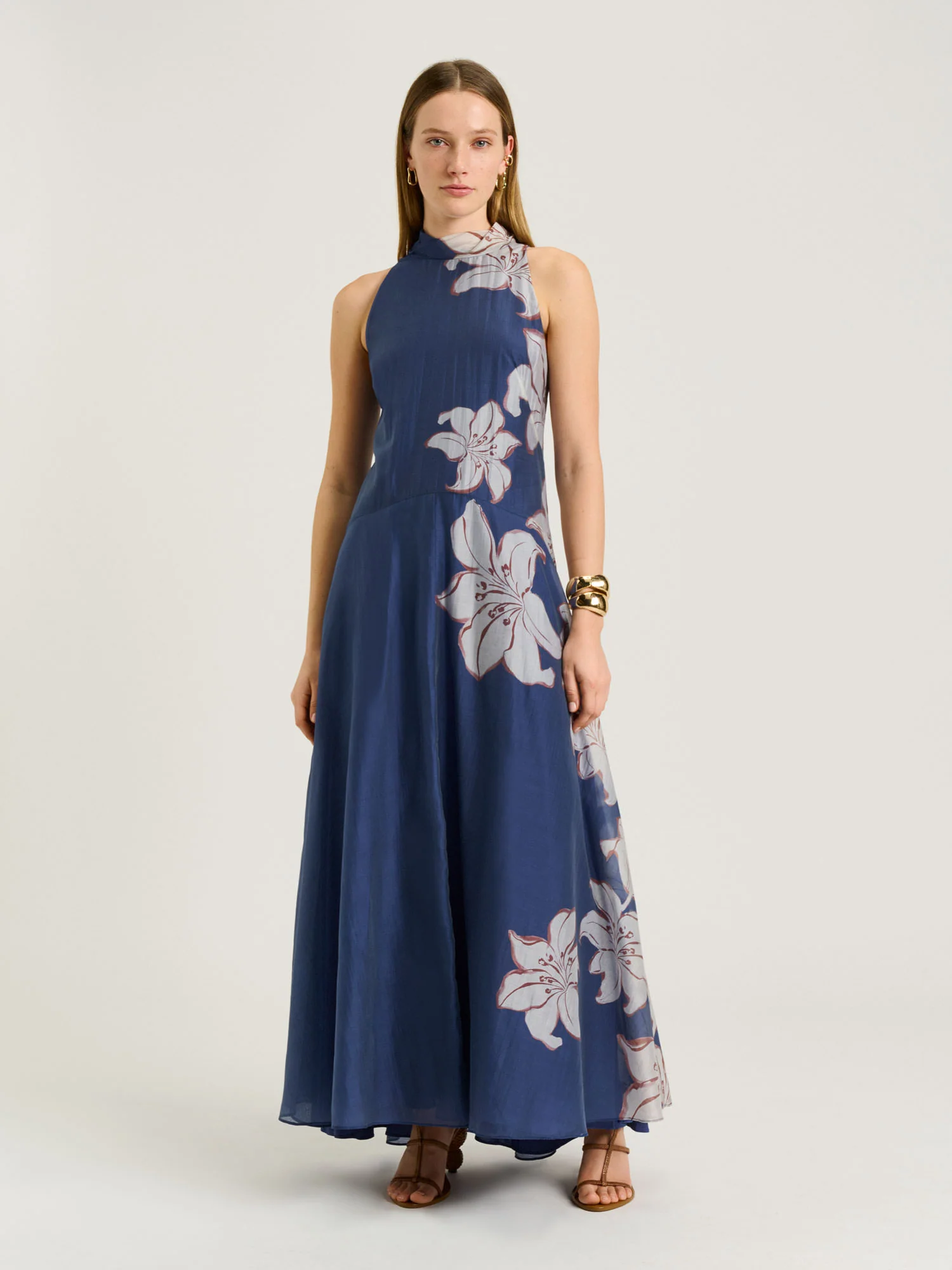 CHAMBRAY LILY HALTER MAXI DRESS