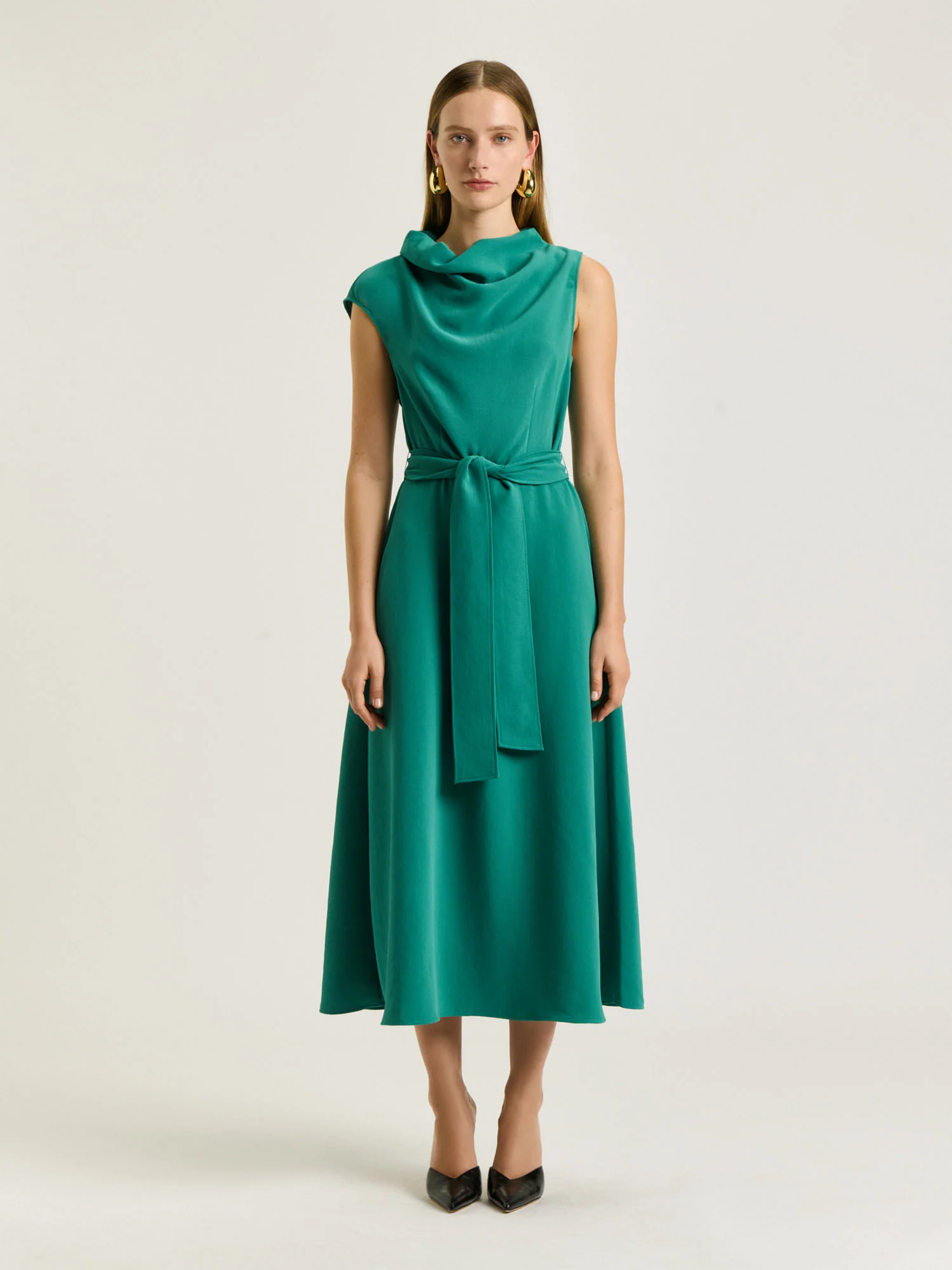 DRAPEY CREPE BELTED COWL NECK MIDI DRESS - Image 5