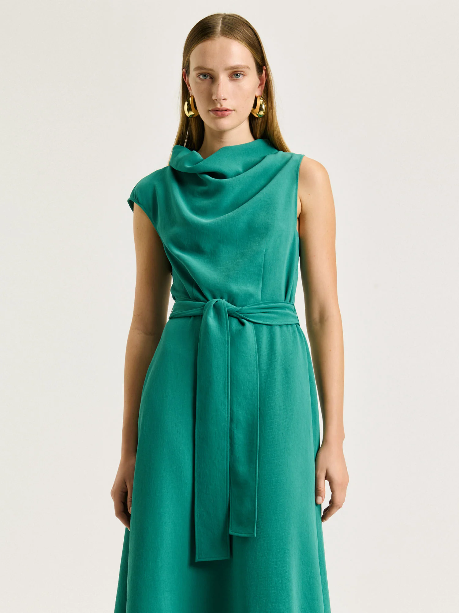DRAPEY CREPE BELTED COWL NECK MIDI DRESS - Image 6