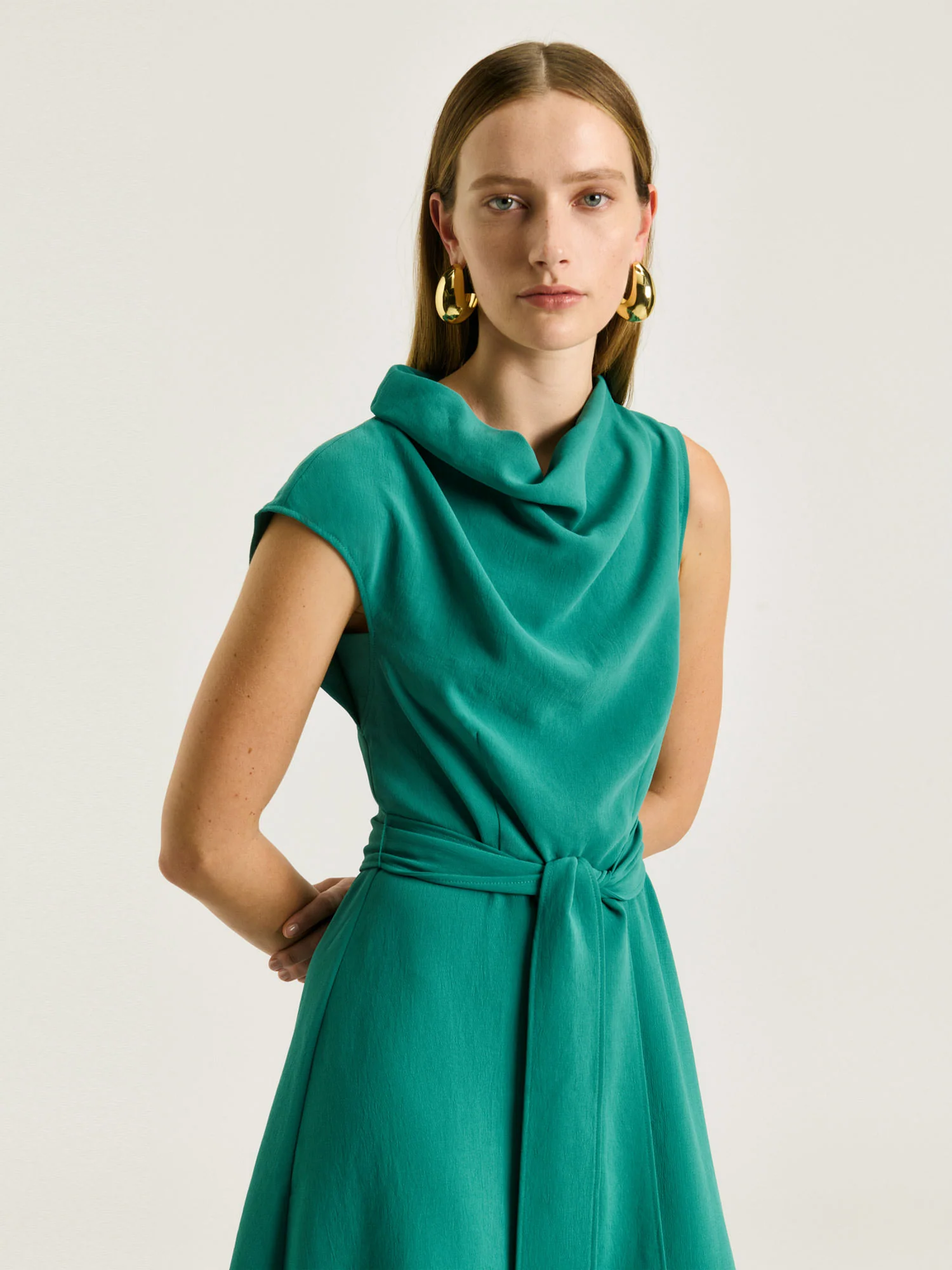 DRAPEY CREPE BELTED COWL NECK MIDI DRESS - Image 7