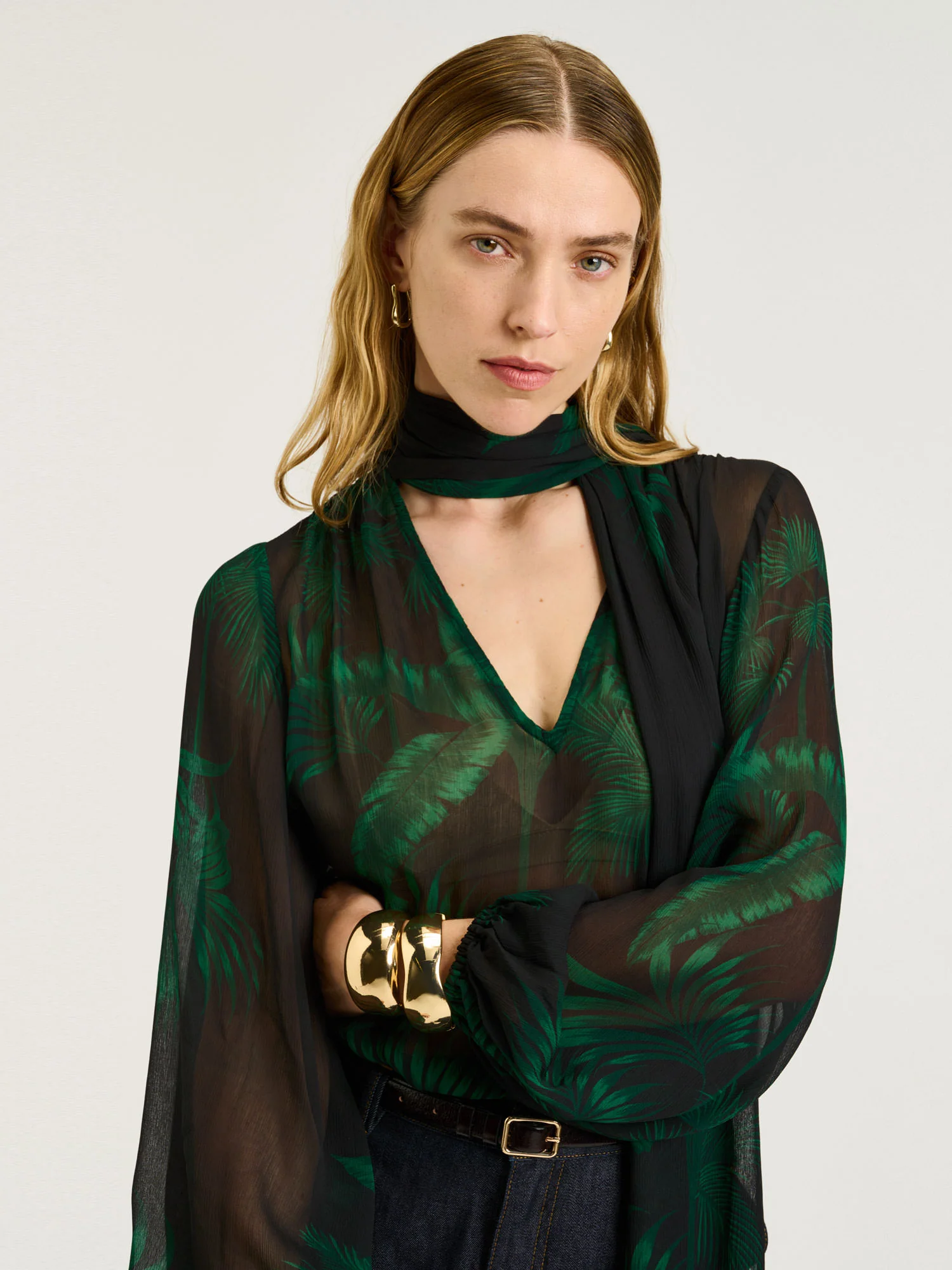 EMERALD PALM CRINKLE GEORGETTE BLOUSE