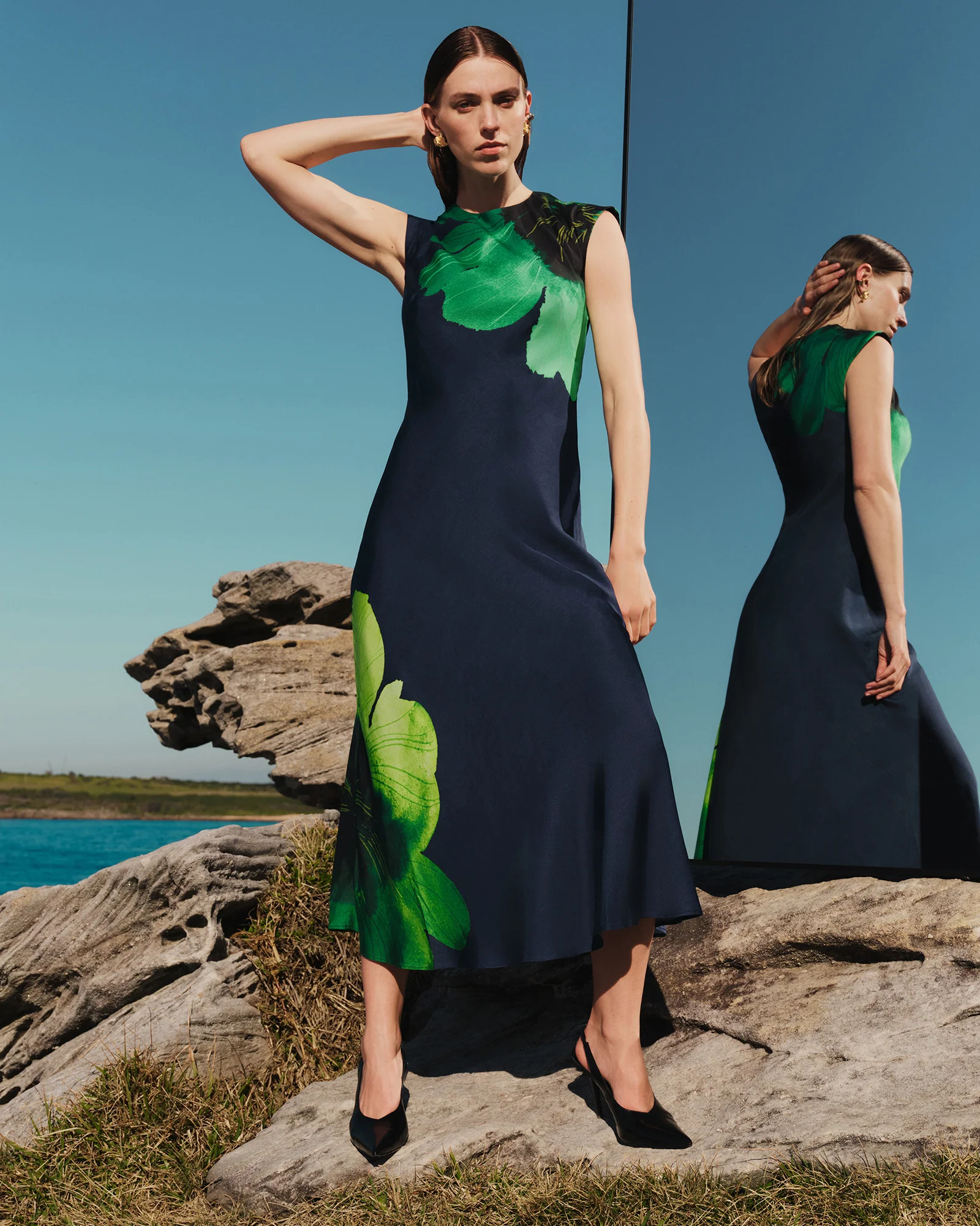 INDIGO WATER POPPY BIAS MIDI DRESS - Image 5