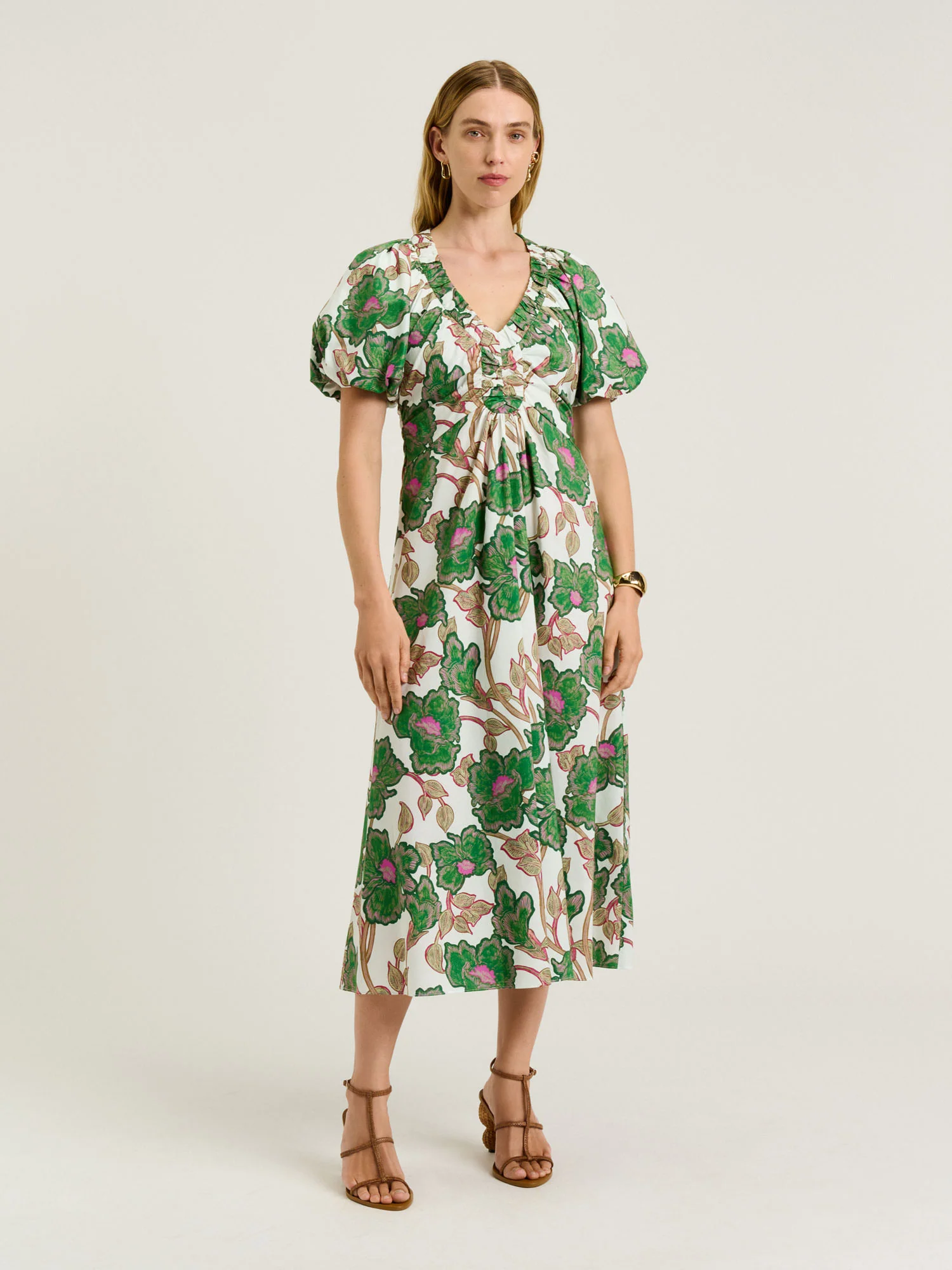 IVORY BATIK BLOOM GATHERED V NECK DRESS