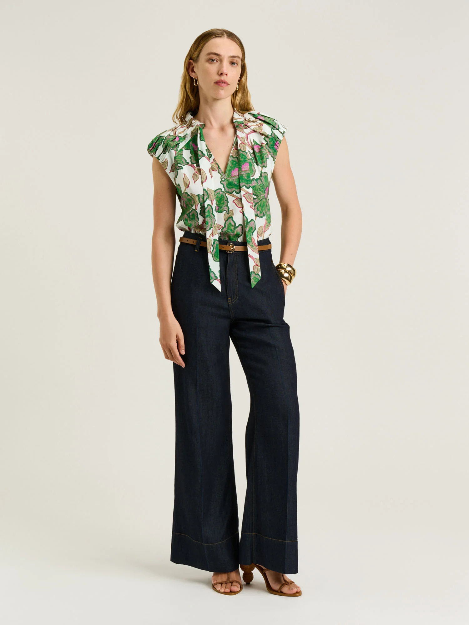 IVORY BATIK BLOOM TIE NECK TOP