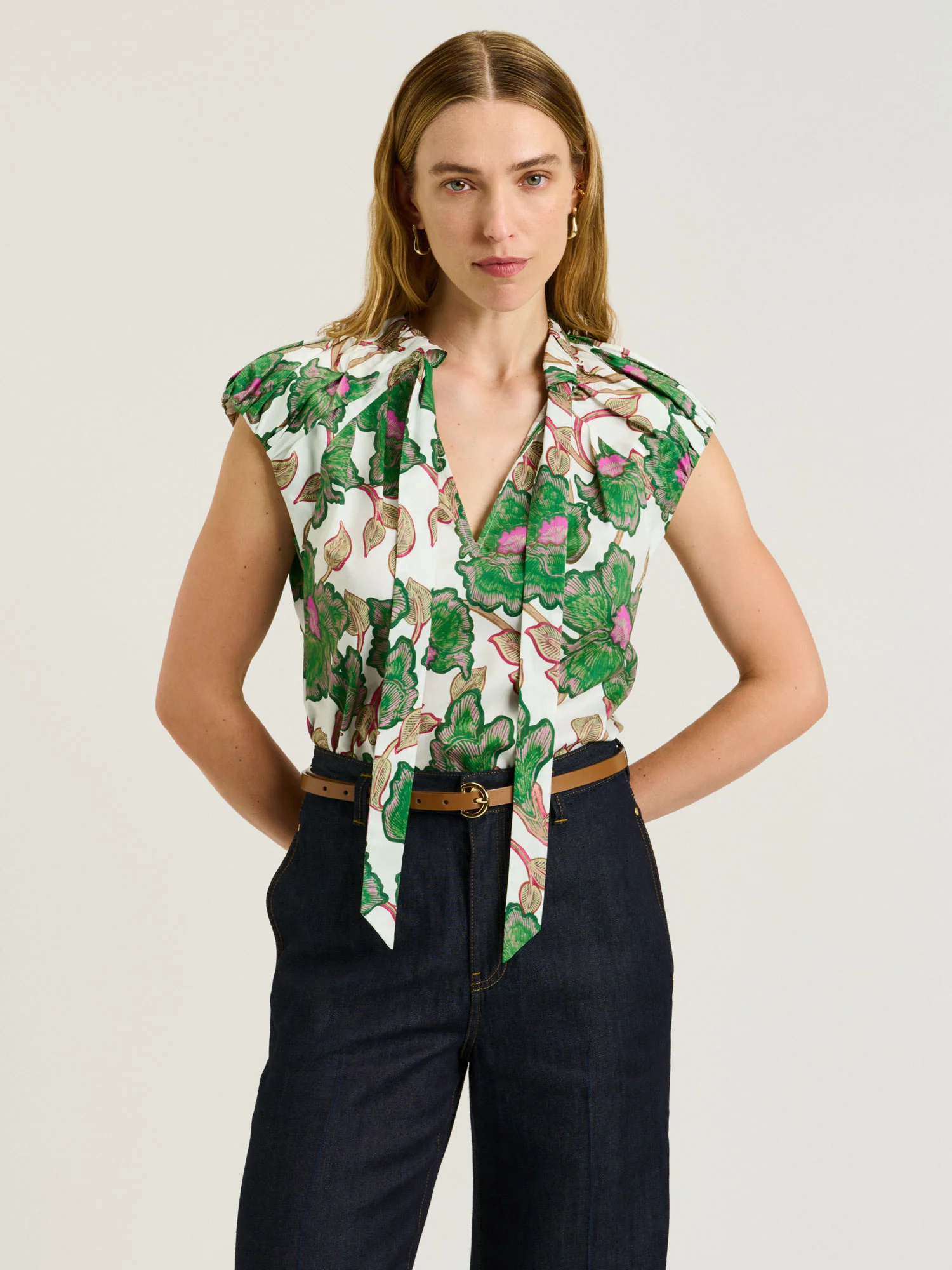 IVORY BATIK BLOOM TIE NECK TOP - Image 2