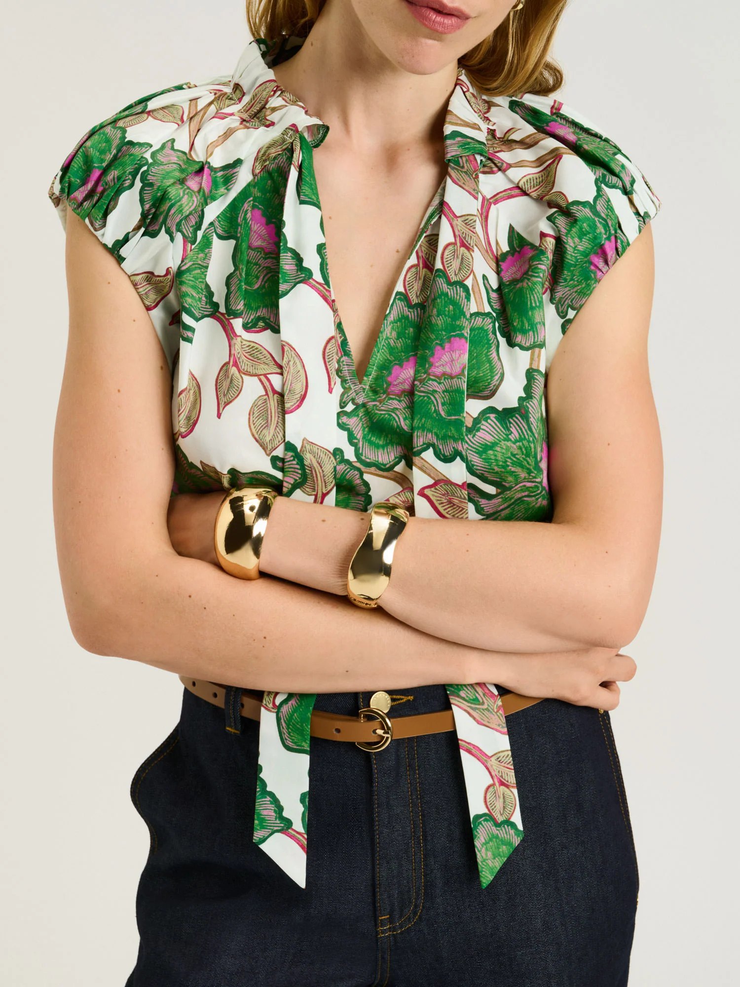 IVORY BATIK BLOOM TIE NECK TOP - Image 3