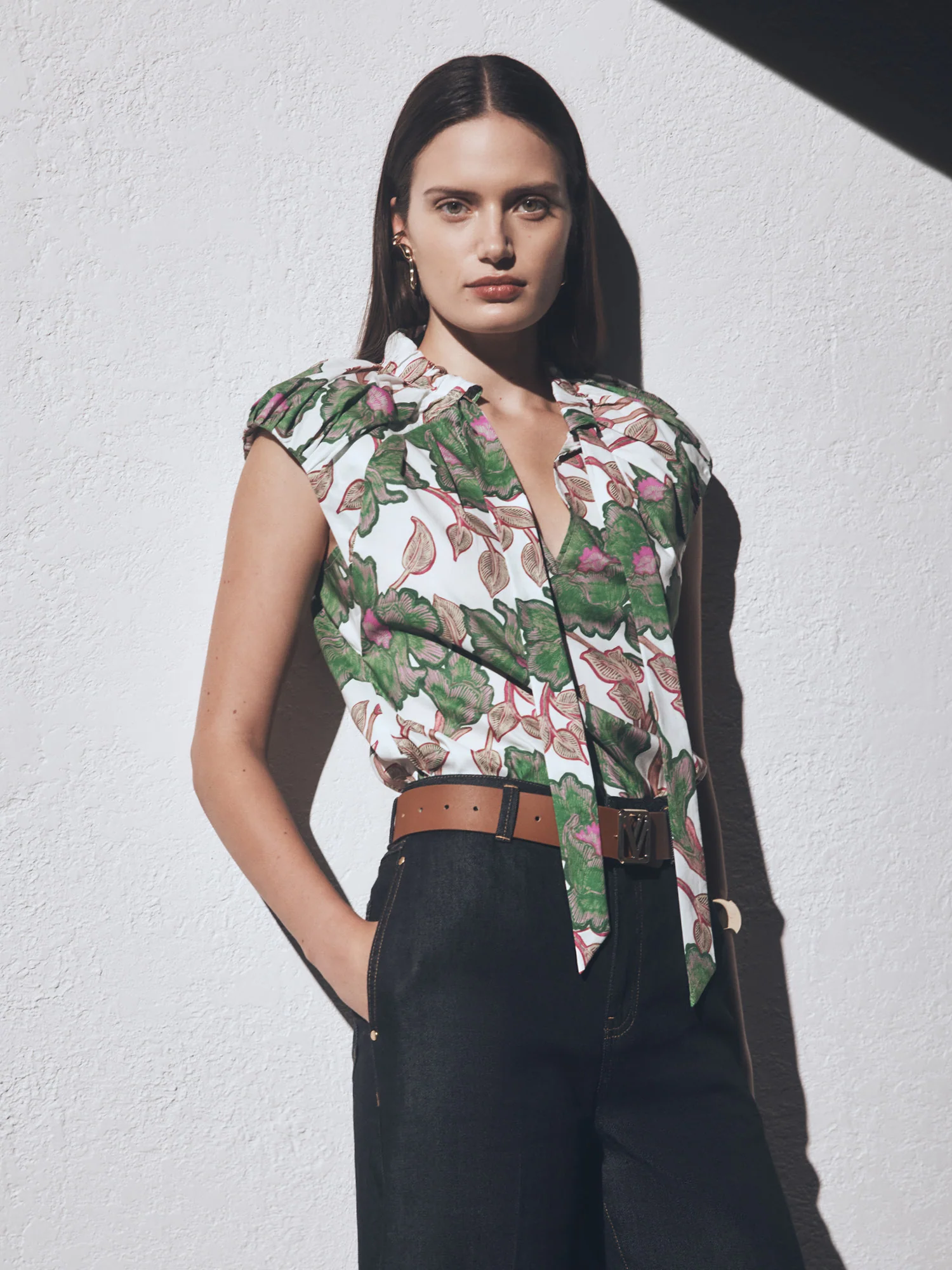 IVORY BATIK BLOOM TIE NECK TOP - Image 7