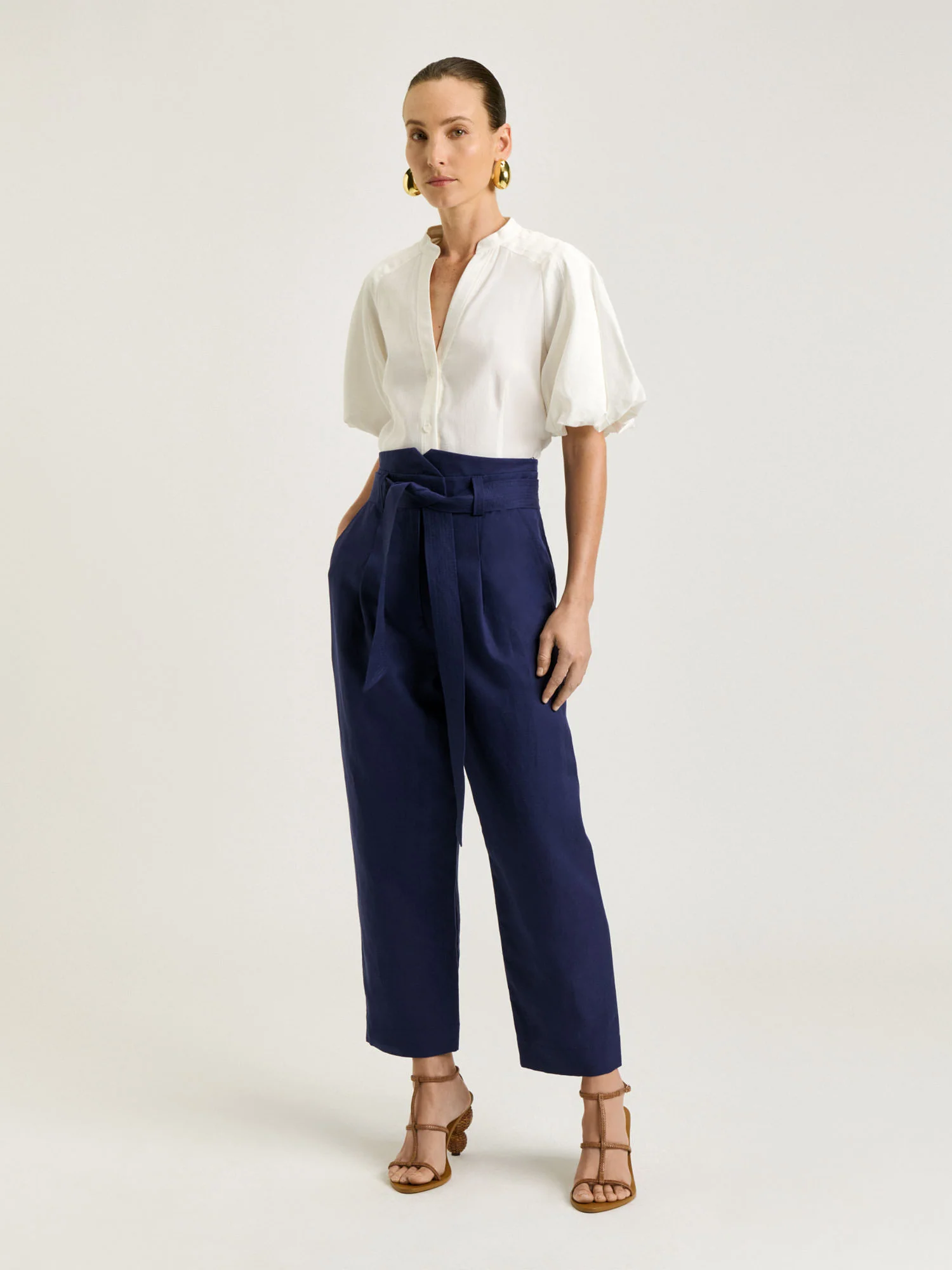 LINEN LYOCELL BELTED TAPERED PANT