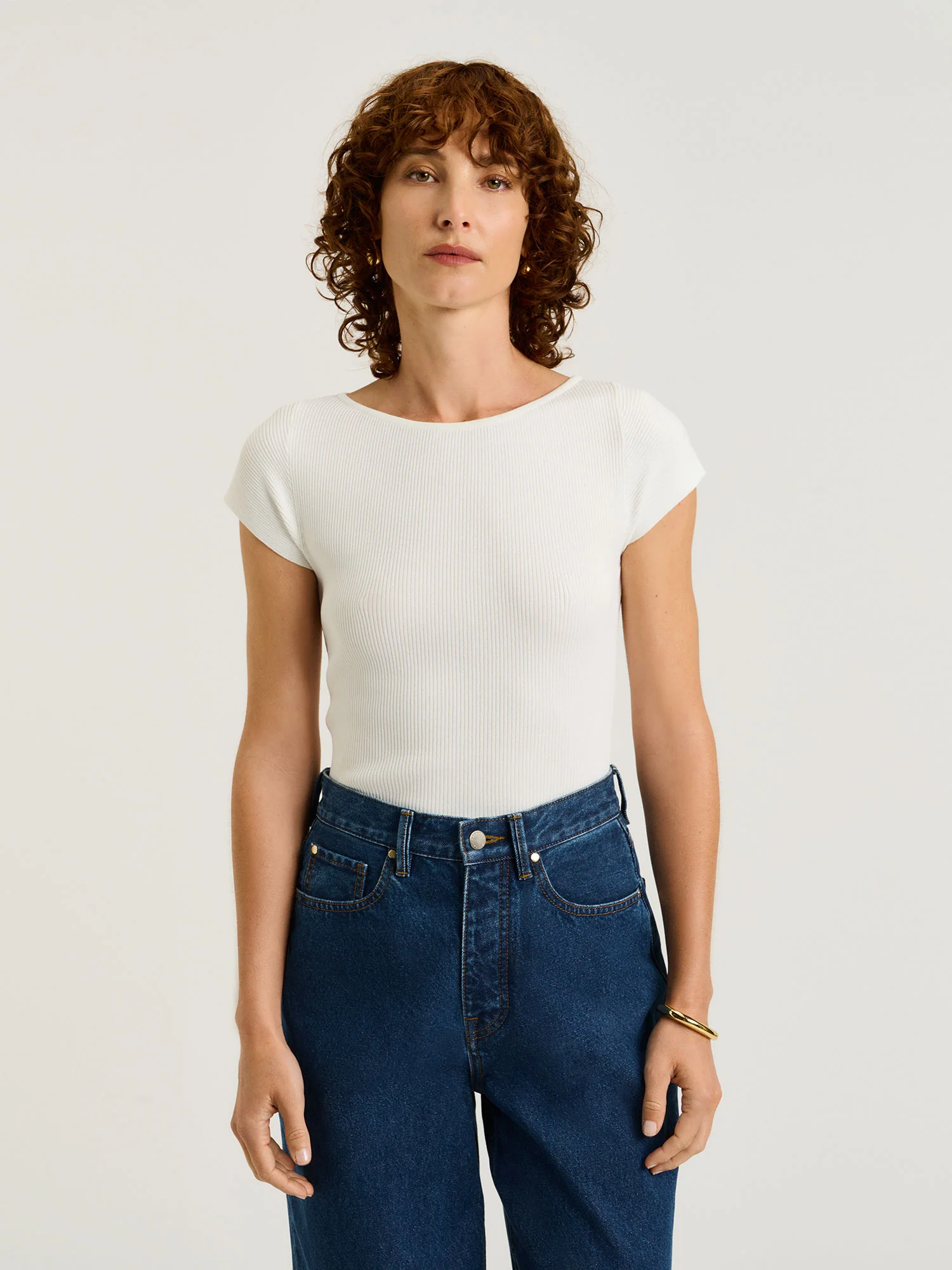 RIBBED CAP SLEEVE BOAT NECK KNIT