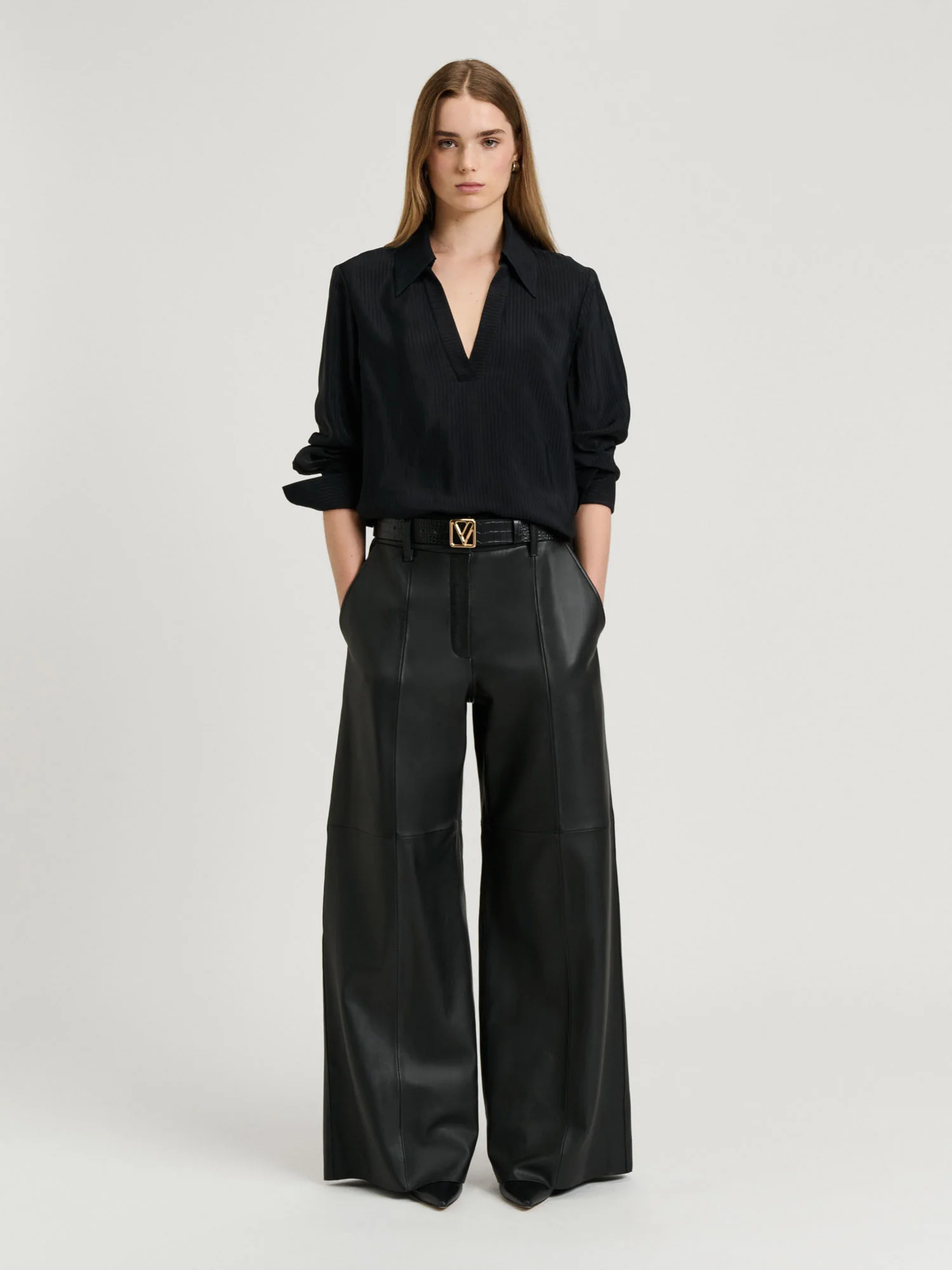 SHEER VISCOSE STRIPE COLLARED TOP
