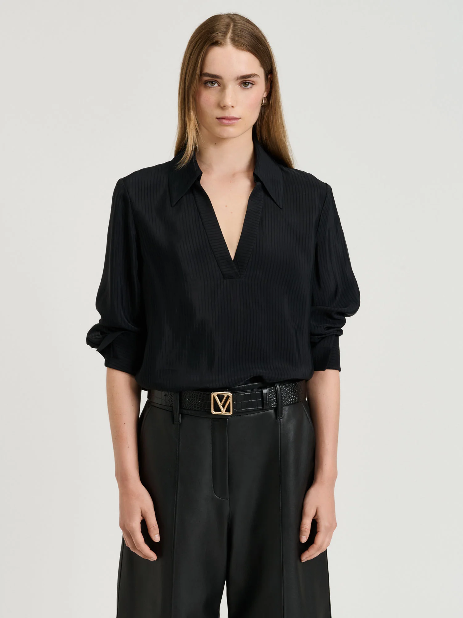 SHEER VISCOSE STRIPE COLLARED TOP - Image 2