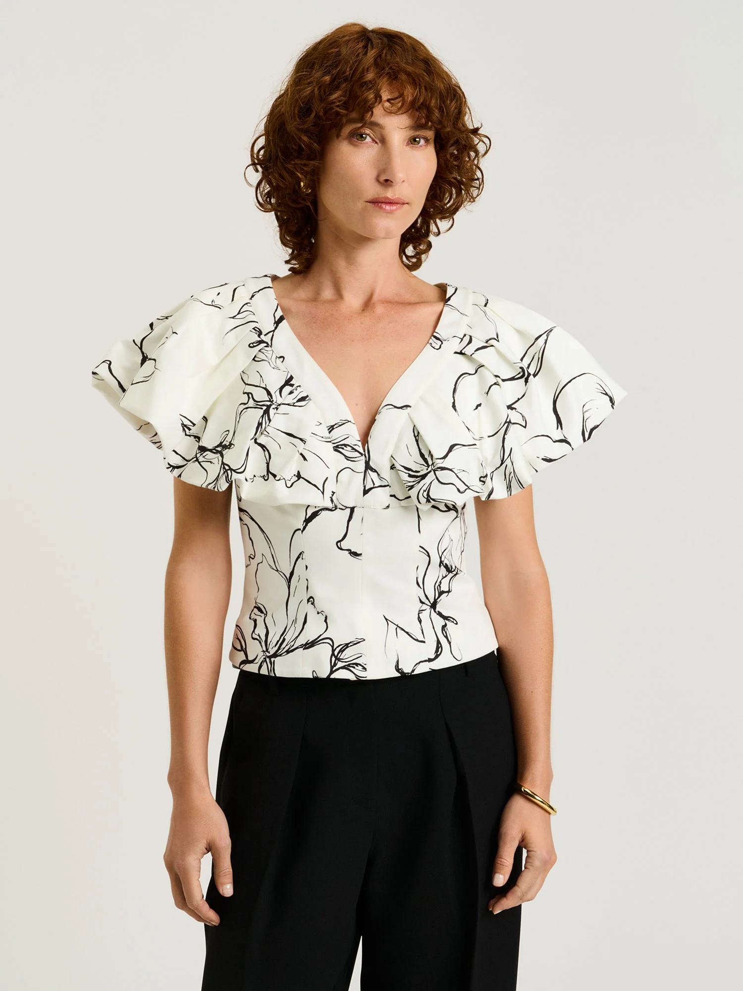 SKETCH FLORAL COTTON SATEEN FLOUNCE TOP