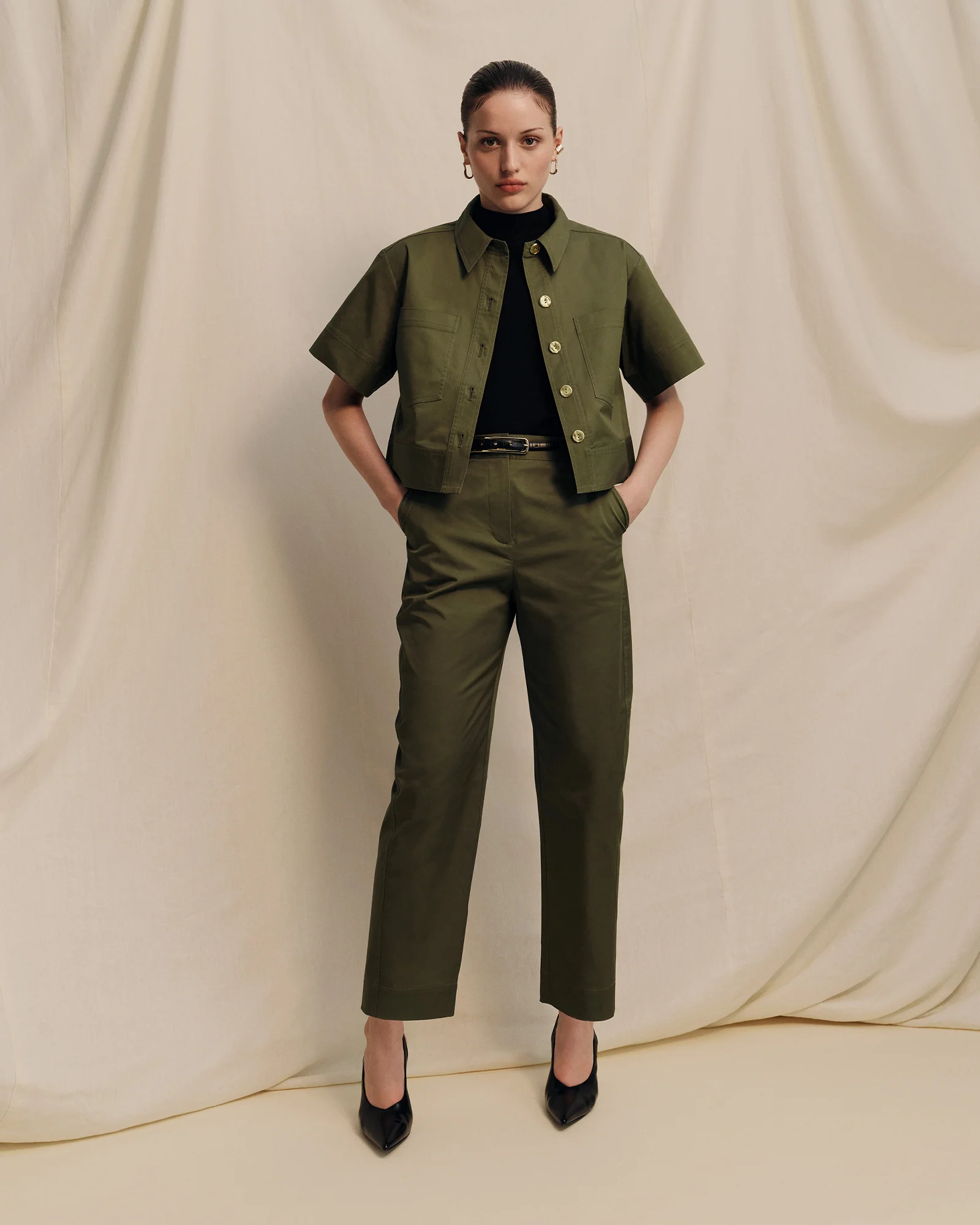 STRETCH COTTON TWILL BARREL LEG PANT - Image 5