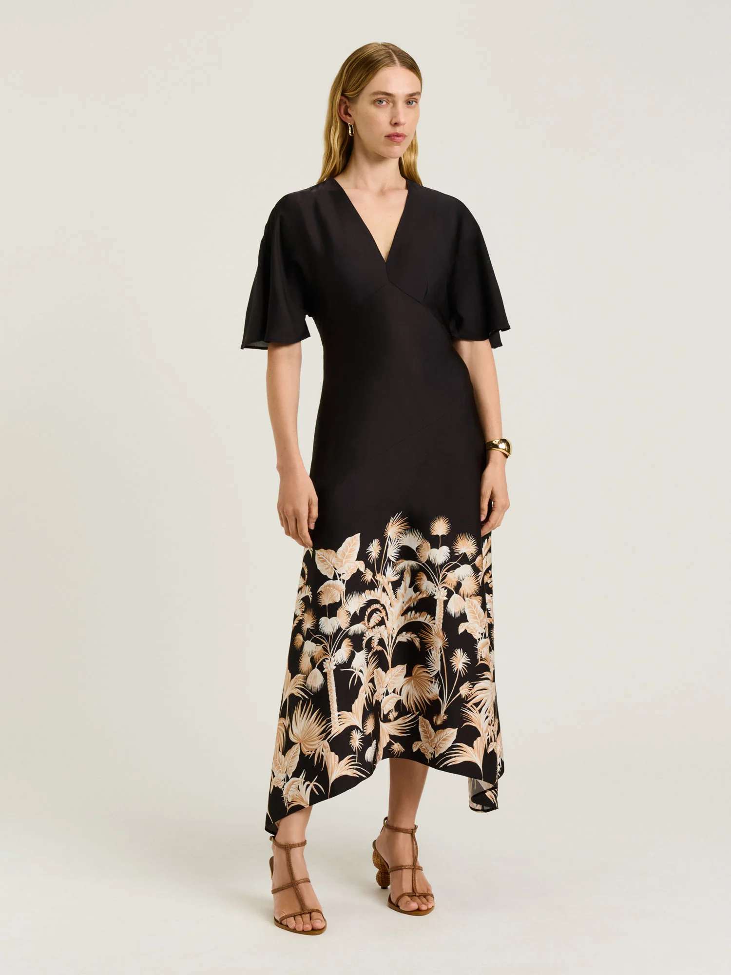 TROPICAL BORDER SATIN MIDI DRESS