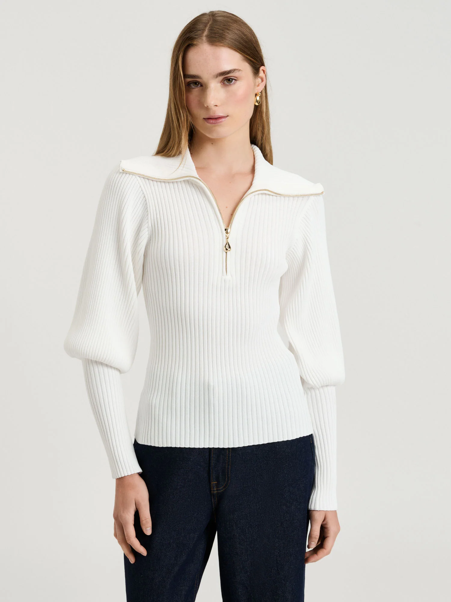 ZIP COLLAR BLOUSON SLEEVE KNIT